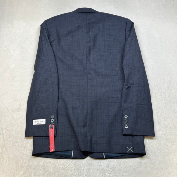 Calvin Klein Slim Fit Suit Jacket Mens 38L 38 Navy Blue‎ Plaid Blazer $450 NEW - Picture 3 of 11